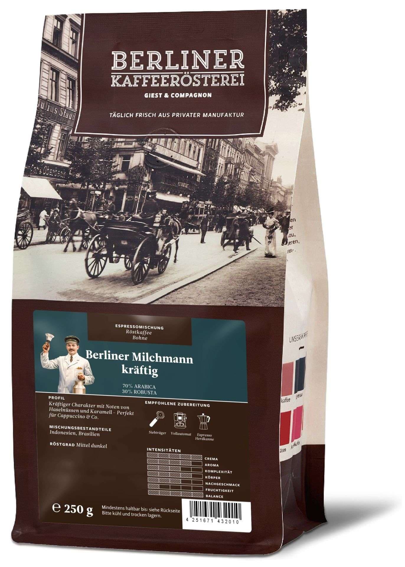 Berliner Kaffeerösterei - Berliner Milchmann kräftig, ganze Bohne, 250g