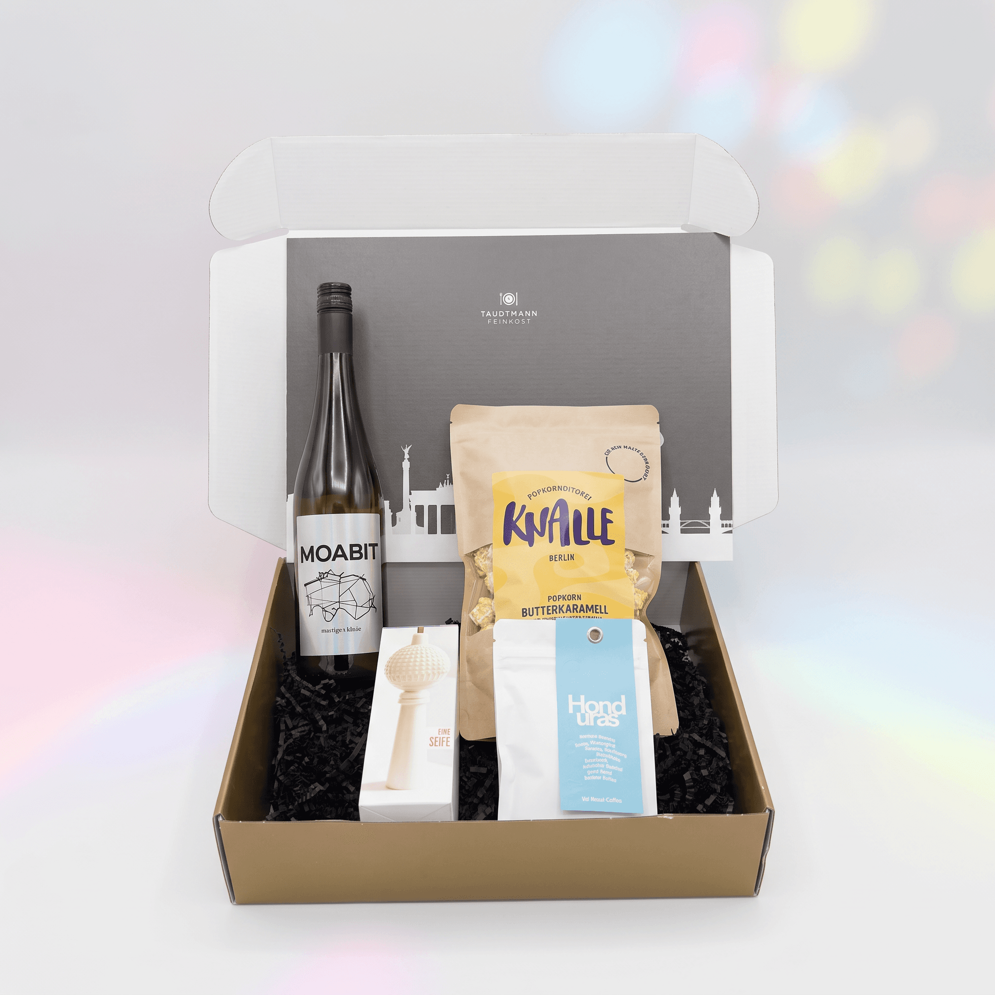 Berliner Gruß Geschenkbox Gold mit Wein, 4 Produkte