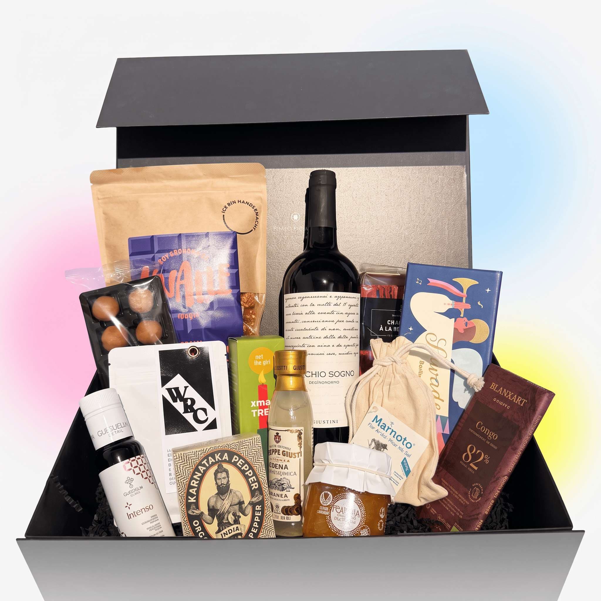 Präsentkorb Weihnachten mit Wein – Große Feinkost-Geschenkbox mit 13 Delikatessen
