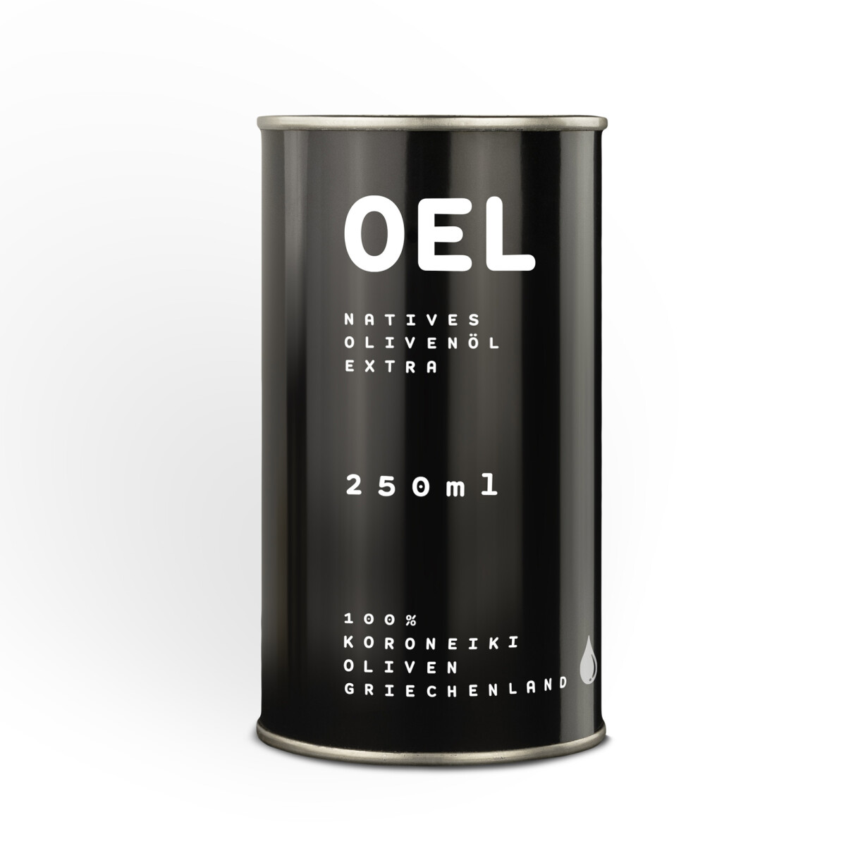 The 250 ml canister filled with extra virgin organic Coroneiki olive oil