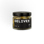 Glas OELiven Grün mit biozertifizierten Chalkidiki-Oliven, veredelt mit sortenreinem Koroneiki-Olivenöl, Meersalz, Knoblauch und Oregano – nachhaltige Feinkost aus Griechenland.
