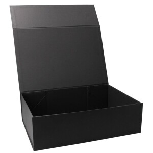„Elegante schwarze Magnetbox 38x28x12 cm aus stabilem Kraftpapier mit Magnetverschluss – personalisierbar im Konfigurator mit eigenem Etikett (10,2 × 7,6 cm)“