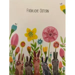 bunte Osterkarte, Osterkarte mit Blumen, Frühlingskarte Ostern, Karte mit Hasenfamilie, farbenfrohe Ostergrüße kaufen