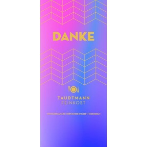 💌 Danke Ein strahlender Farbverlauf in Pink, Lila und Hellblau trägt den goldenen Schriftzug „Danke“. Elegant, schlicht und doch modern – perfekt, um Wertschätzung stilvoll auszudrücken. Diese Taudtmann Feinkost-Banderole ist personalisierbarund eignet sich ideal für Dankesgeschenke, Mitarbeiterpräsente oder Kundengeschenke mit Berliner Feinkost.