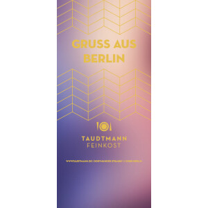 🏙️ Gruß aus Berlin Ein moderner Farbverlauf in Blau, Lila und Rosé – dazu „Gruß aus Berlin“ in goldenen Lettern. Ideal für Feinkost-Geschenke, die Hauptstadtflair versprühen. 👉 Personalisierbar mit Widmung oder Unternehmenslogo.